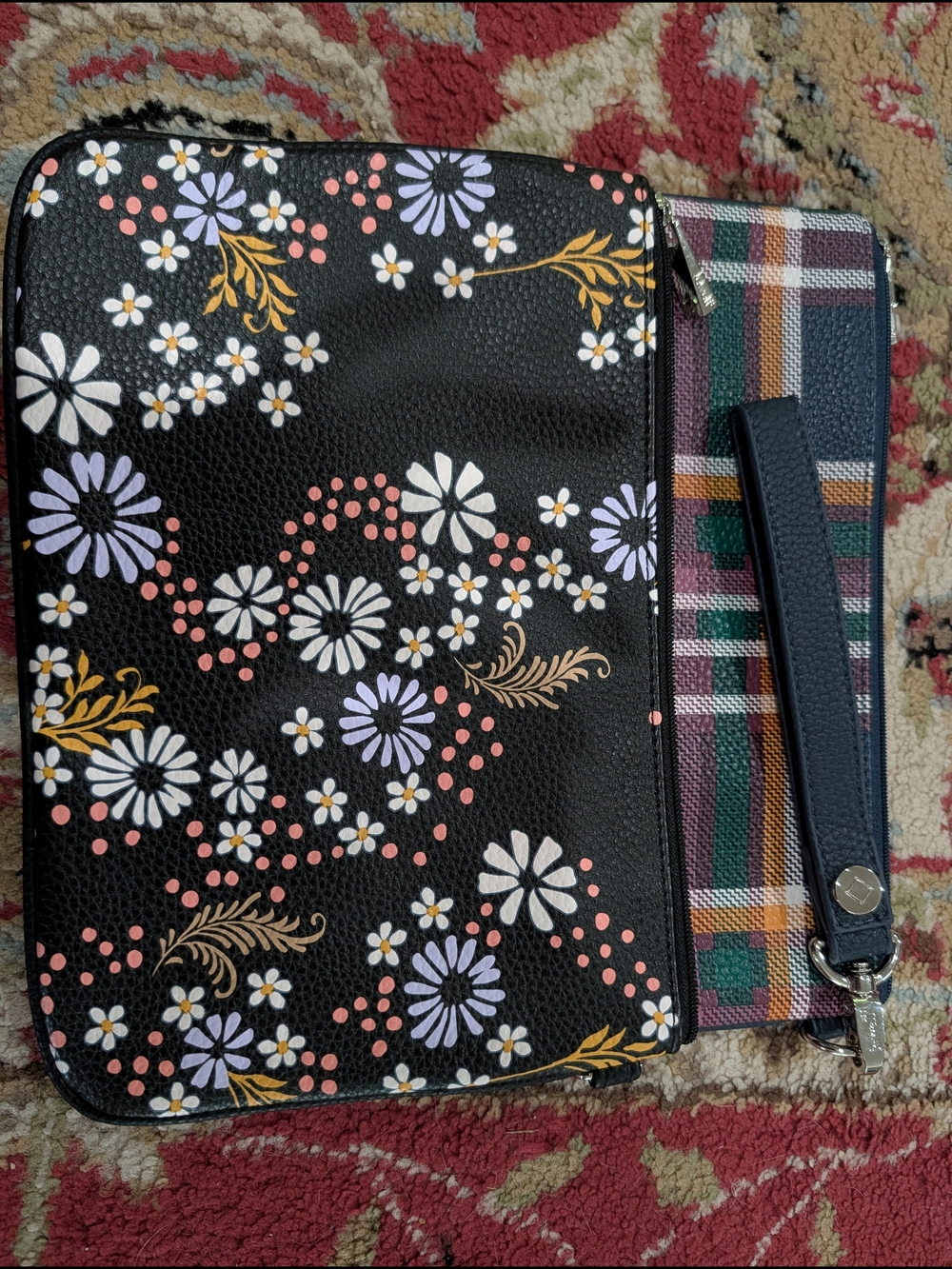 Black Floral Zip Wristlet with Plaid Accent